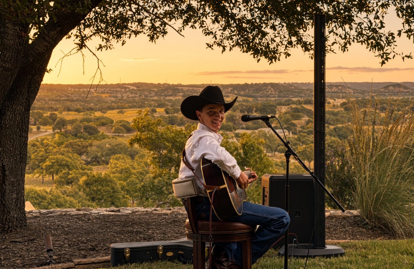 Matthew Underwood playing guitar at sunset over the Hill Country